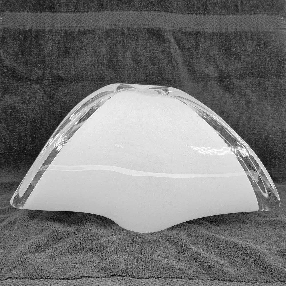 Modern Murano Style Hand Blown Art Glass Vase White Cased Glass Folded Rim Decor